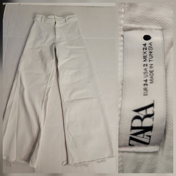 Zara The Marine Straight Jeans Womens Size 2 Ivory High Waist Wide Leg Raw Hem - Picture 1 of 9